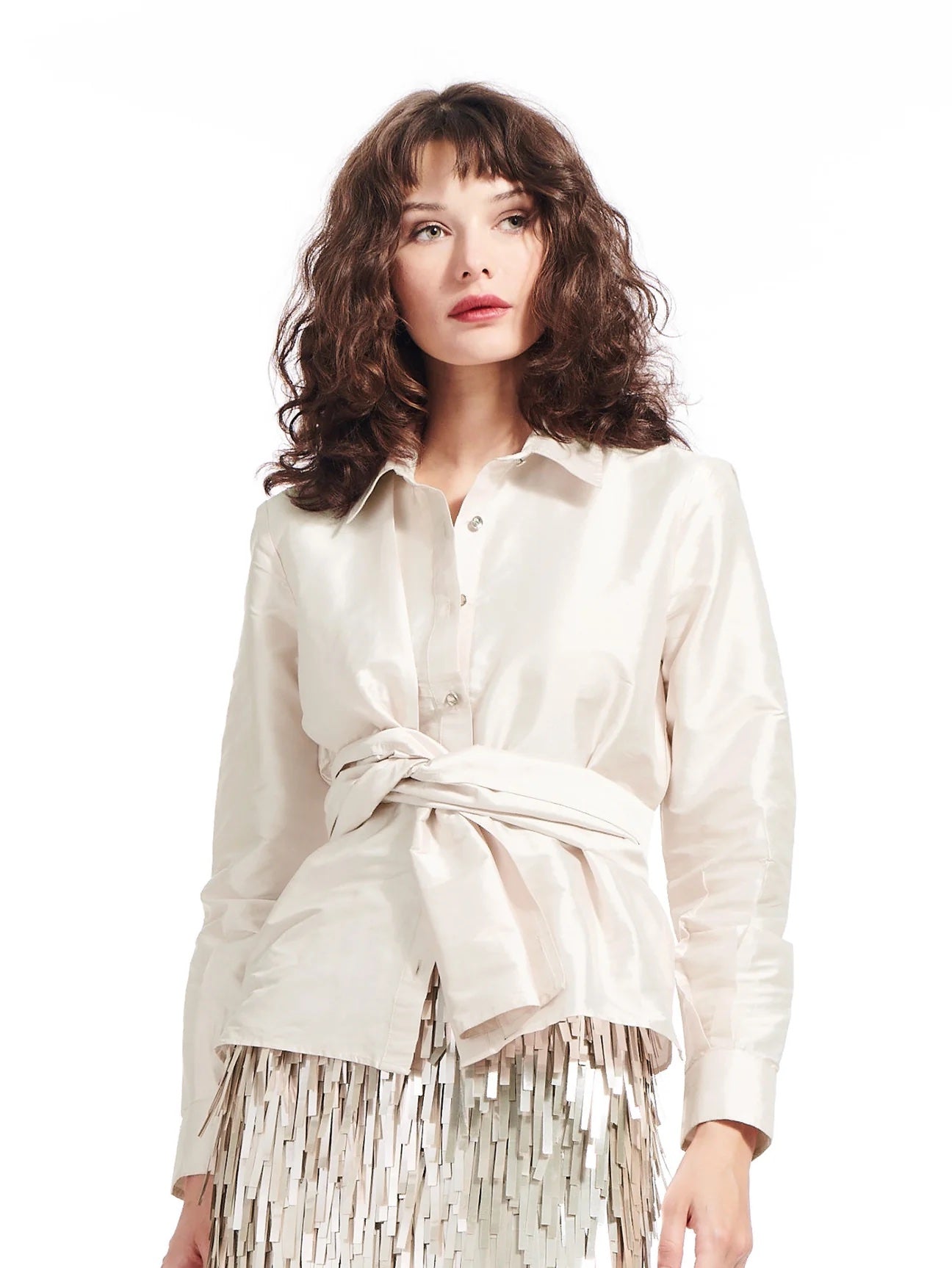 Asymmetrical Taffeta Wrap Blouse