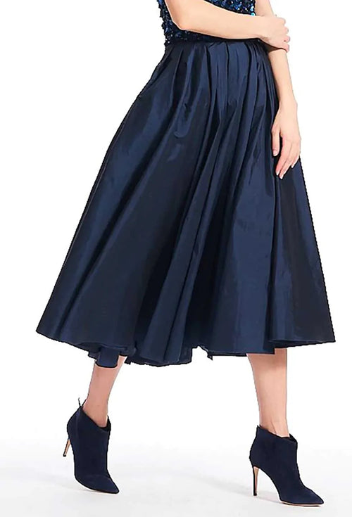 Navy Taffeta Tea Length Midi Skirt